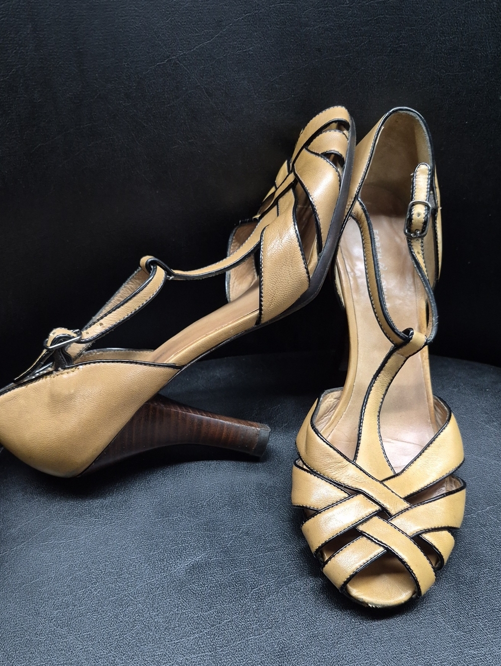 FORTH & TOWNE Tan Peep-Toe T-Strap Heels with Black Trim